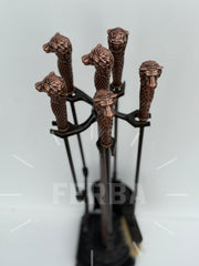 Antik Bakır Aslan Başlı Şömine Maşa Takımı