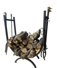 Metal Oval Şömine Odunluğu ve Ördek Başlıklı Maşa Takımı