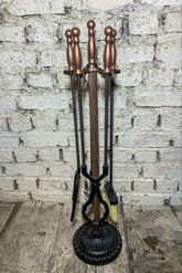 Yuvarlak Tabanlı Antik Bakır Topbaş Şömine Maşa Takımı