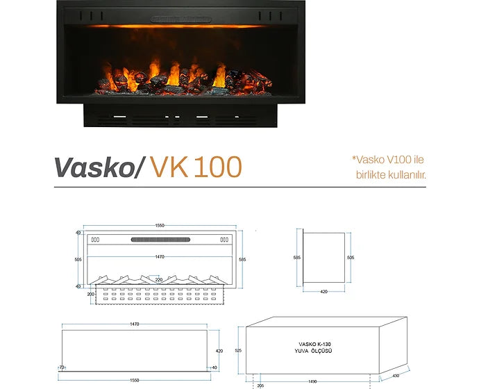 100 cm 3 Boyutlu Elektrikli Şömine (Isılı, Ses Efektli)