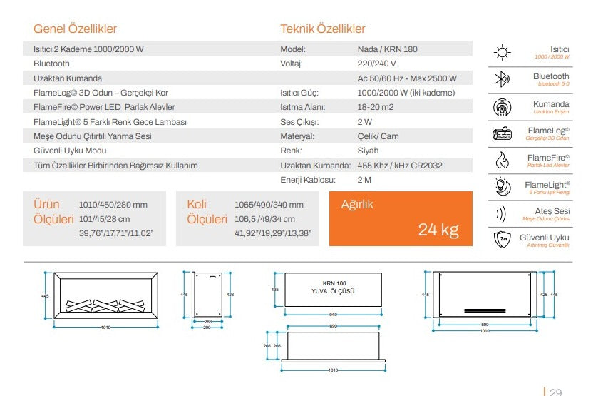 100 cm Elektrikli Şömine Metal Çerçeve (Isılı, Ses Efektli, Çok Fonksiyonlu)