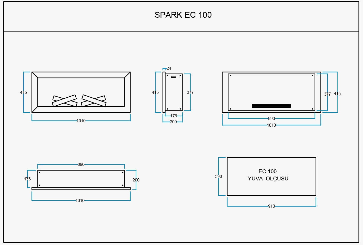 100 cm Elektrikli Şömine Metal Çerçeve (Isısız)