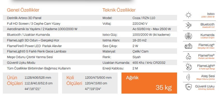110 cm 3 Tarafı Çamlı Elektrikli Şömine