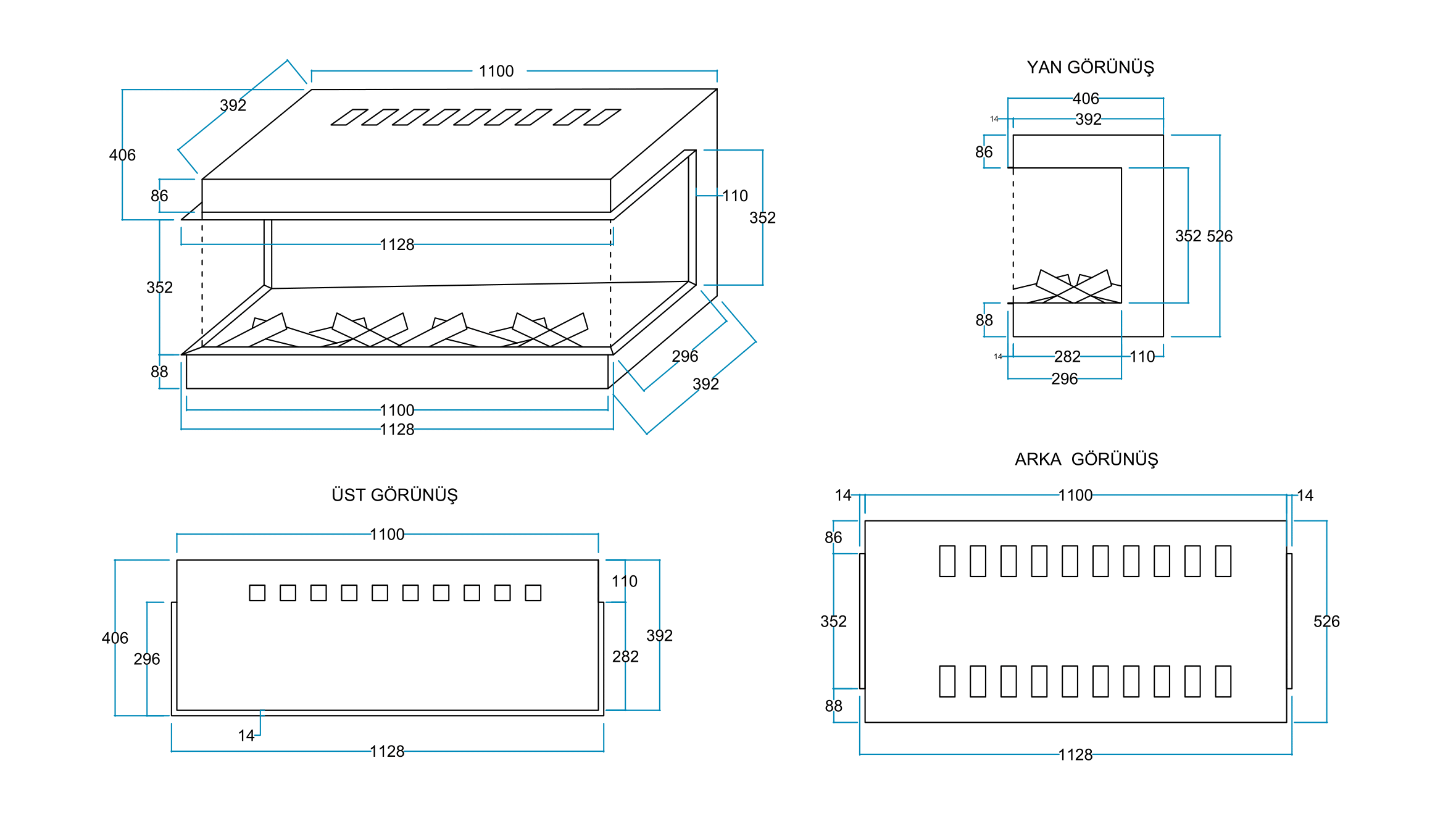 110 cm 3 Tarafı Çamlı Elektrikli Şömine