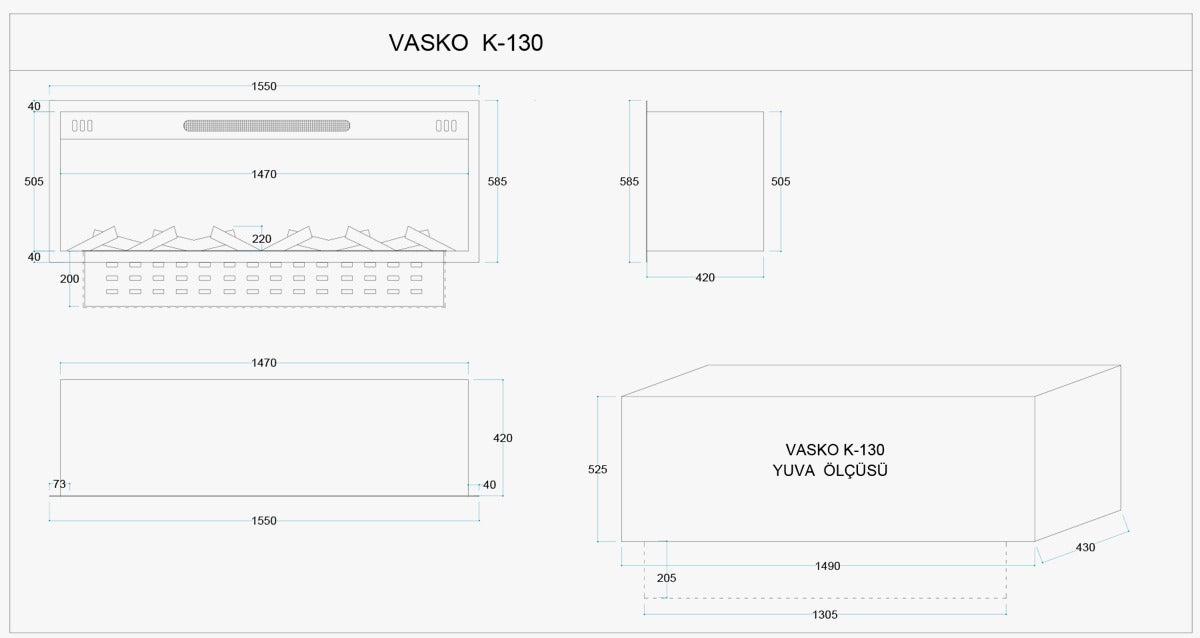 130 cm 3 Boyutlu Elektrikli Şömine (Isılı, Ses Efektli)
