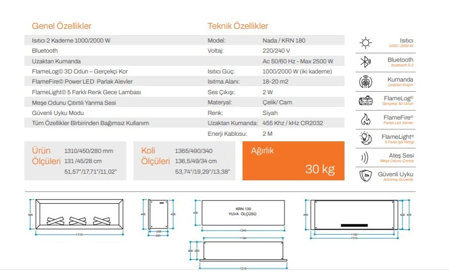 130 cm Elektrikli Şömine Metal Çerçeve (Isılı, Ses Efektli, Çok Fonksiyonlu)