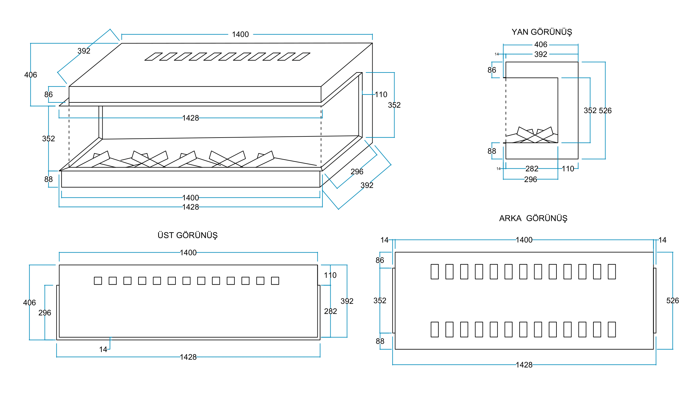 140 cm 3 Tarafı Camlı Elektrikli Şömine