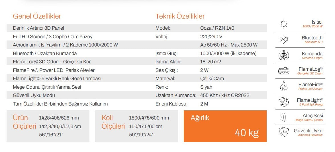 140 cm 3 Tarafı Camlı Elektrikli Şömine