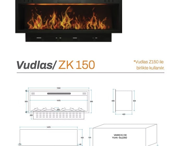 150 cm 3 Boyutlu Elektrikli Şömine (Odunsuz ,Isılı, Ses Efektli)