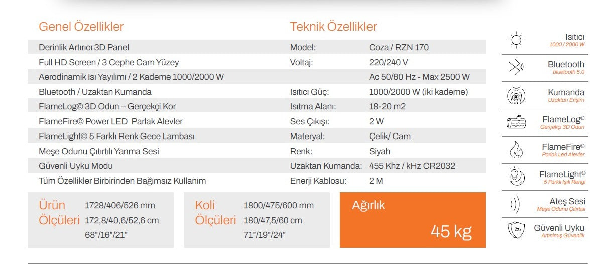 170 cm 3 Tarafı Çamlı Elektrikli Şömine