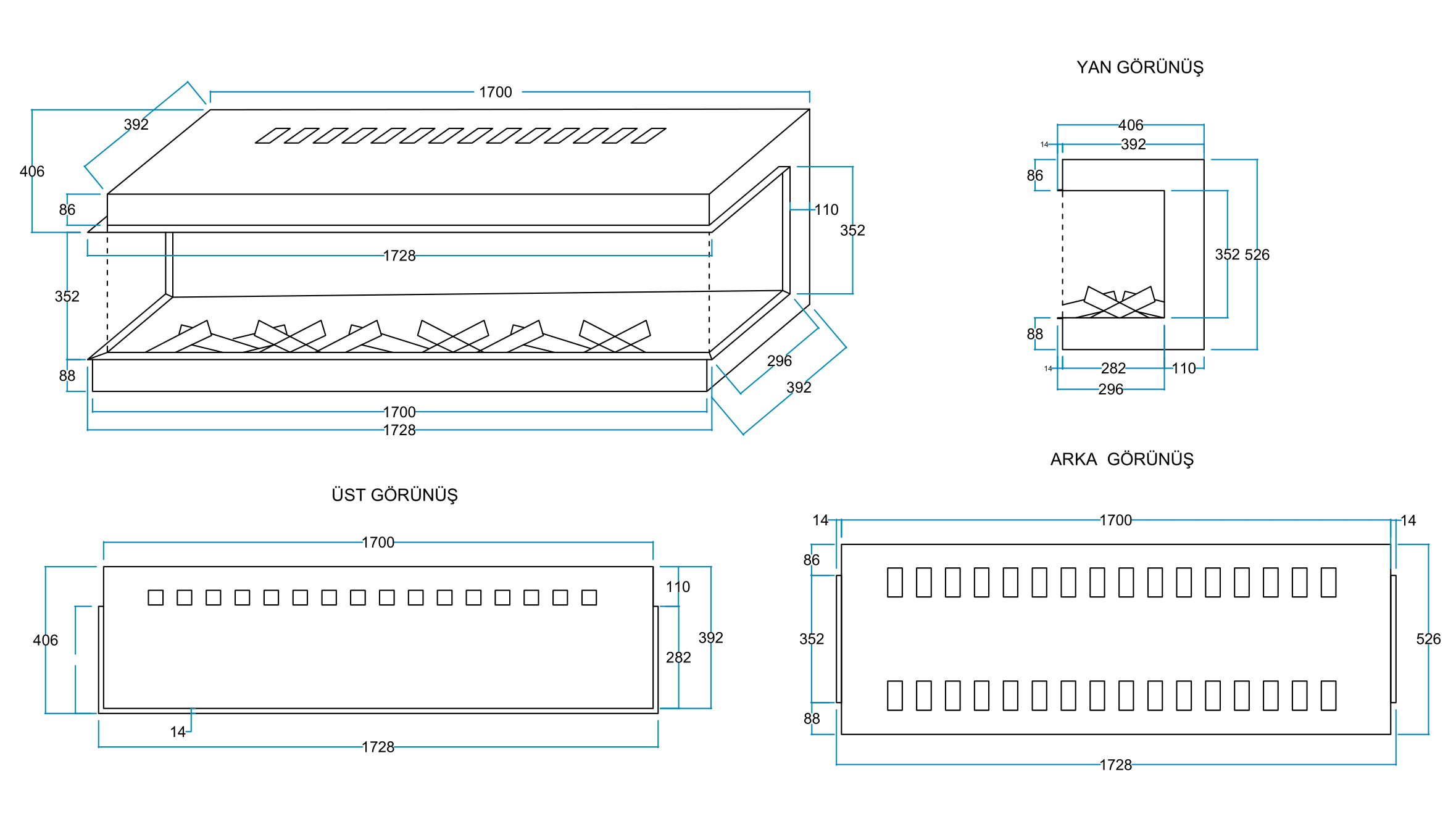 170 cm 3 Tarafı Çamlı Elektrikli Şömine