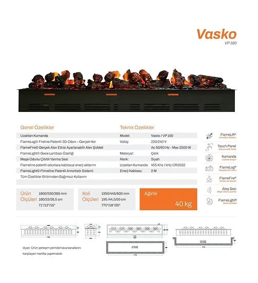 180 cm 3 Boyutlu Elektrikli Şömine (Isısız, Ses Efektli)