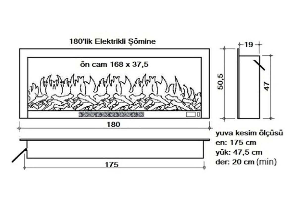 180 cm Elektrikli Şömine Metal Çerçeve (Isılı, Ses Efektli)