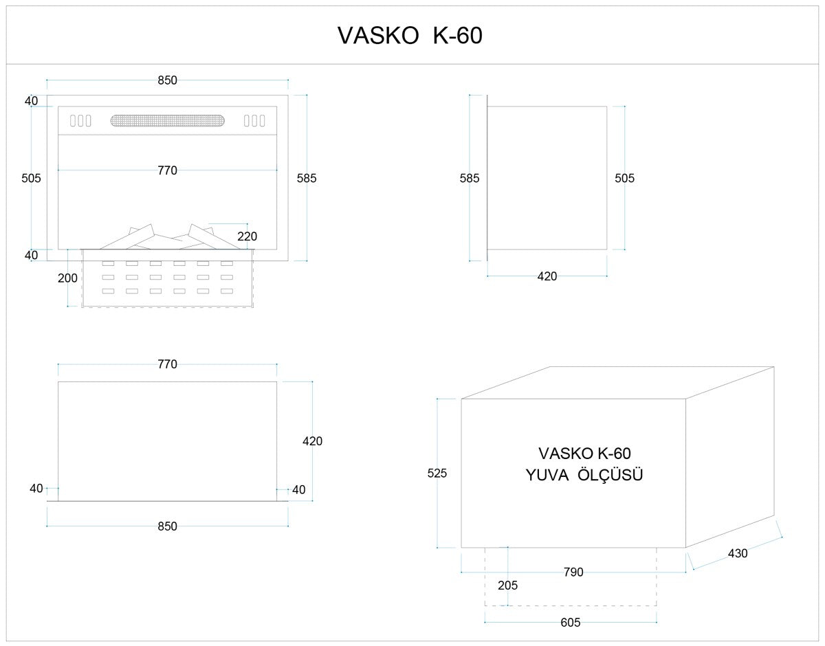 60 cm 3 Boyutlu Elektrikli Şömine (Isılı, Ses Efektli)