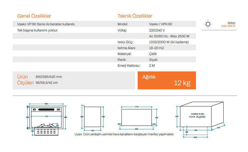 60 cm 3 Boyutlu Elektrikli Şömine (Isılı, Ses Efektli)