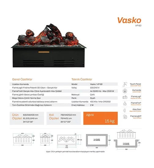 60 cm 3 Boyutlu Elektrikli Şömine (Isısız, Ses Efektli)