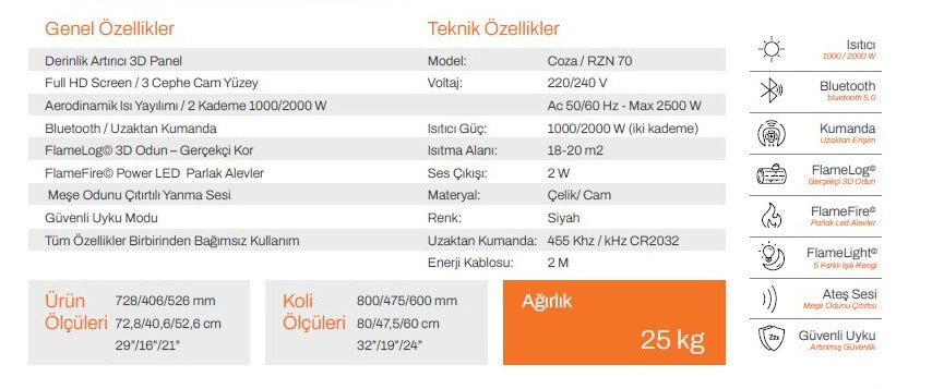 70 cm 3 Tarafı Camlı Elektrikli Şömine