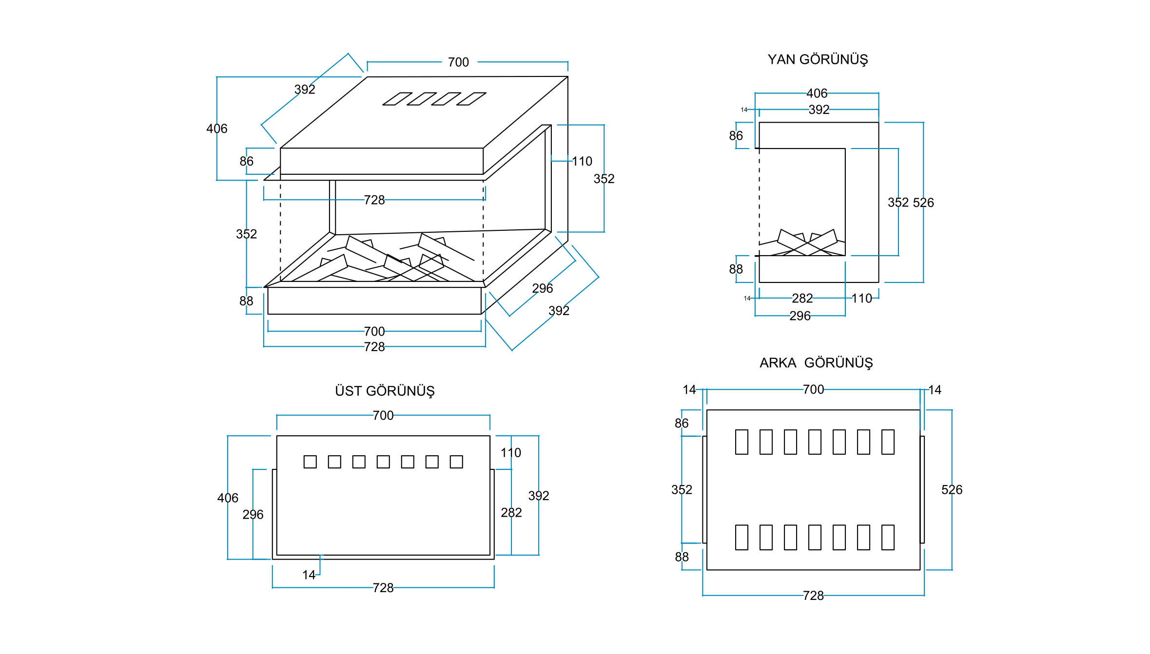 70 cm 3 Tarafı Camlı Elektrikli Şömine