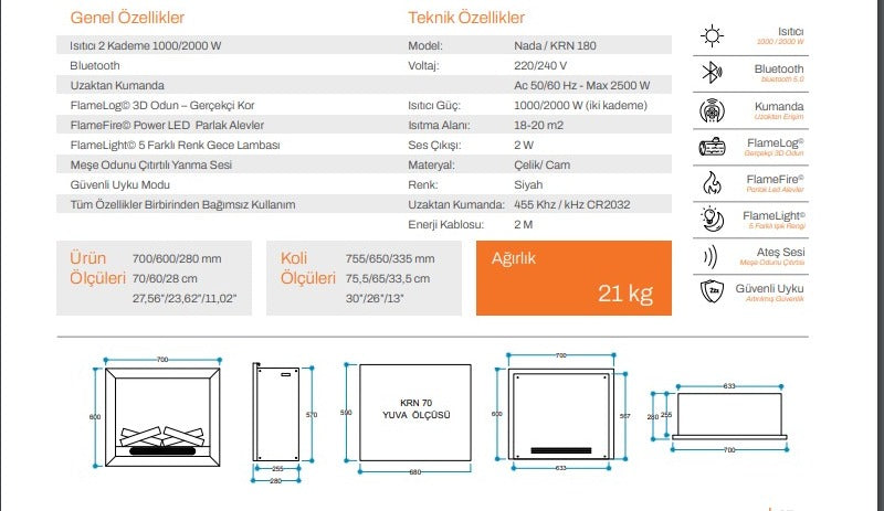 70 cm Elektrikli Şömine Metal Çerçeve (Isılı, Ses Efektli, Çok Fonksiyonlu)