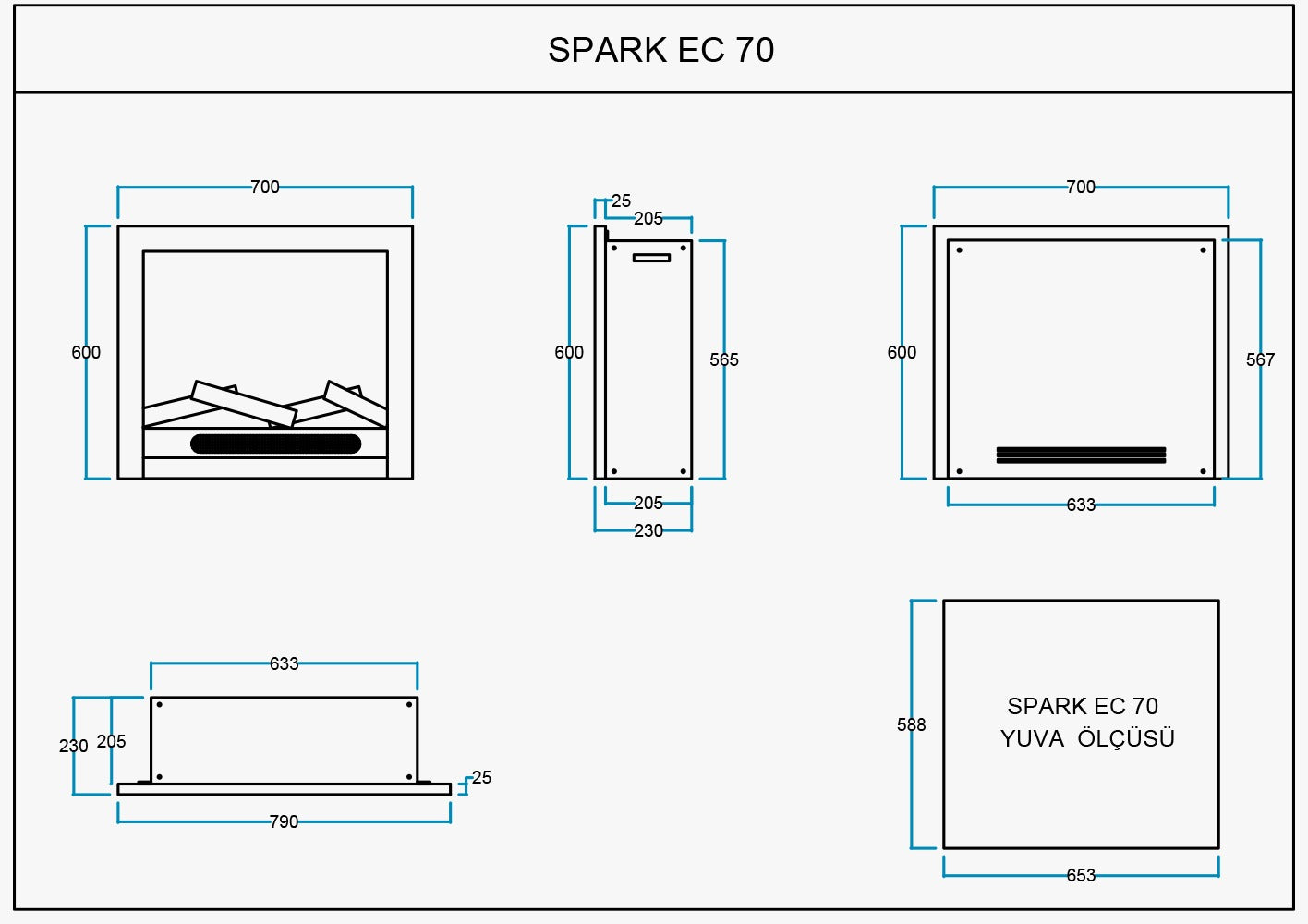70 cm Elektrikli Şömine Metal Çerçeve (Isısız)