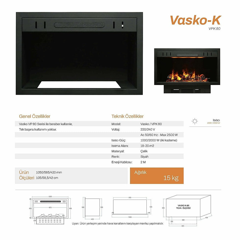 80 cm 3 Boyutlu Elektrikli Şömine (Isılı, Ses Efektli)