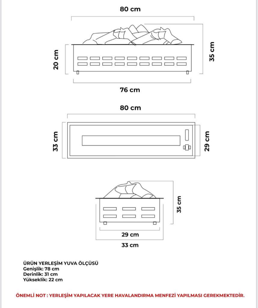 80 cm 3 Boyutlu Elektrikli Şömine (Isısız, Ses Efektli)