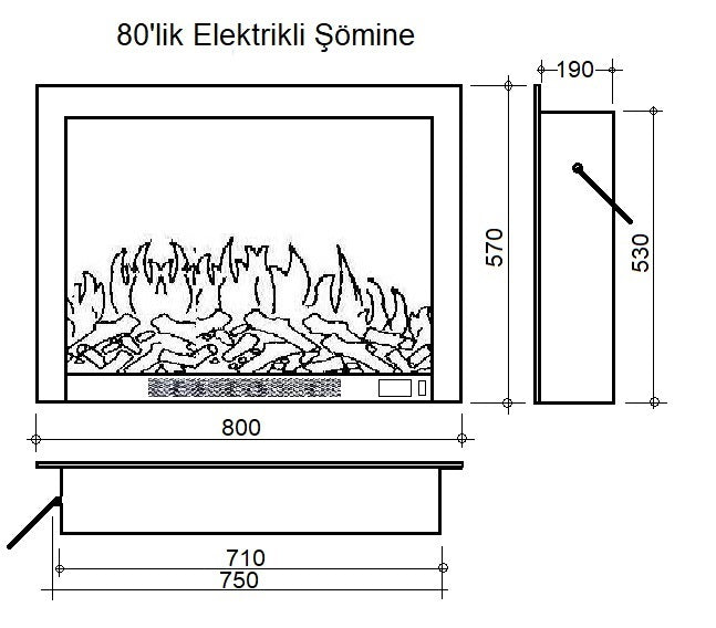 80 cm Elektrikli Şömine Metal Çerçeve (Isılı, Ses Efektli)