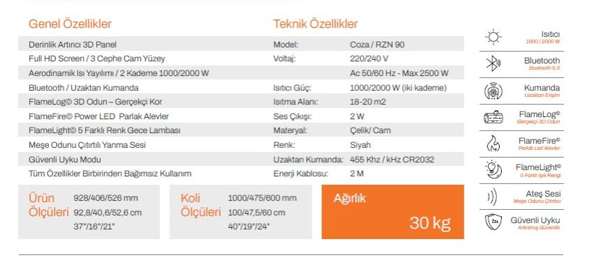 90 cm 3 Tarafı Camlı Elektrikli Şömine