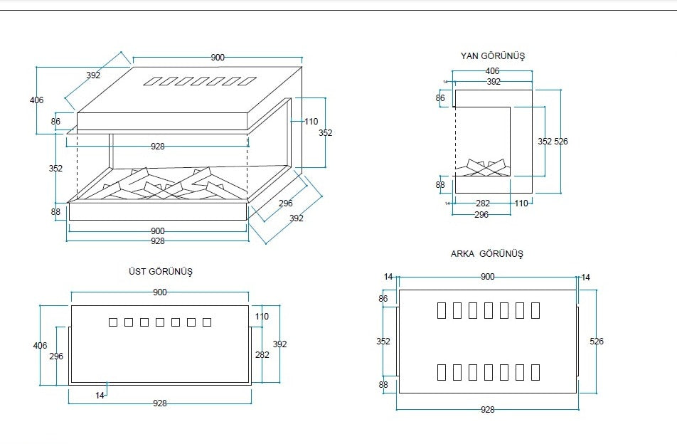 90 cm 3 Tarafı Camlı Elektrikli Şömine