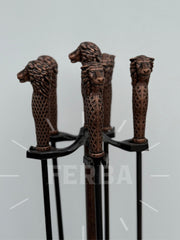 Antik Bakır Aslan Başlı Şömine Maşa Takımı