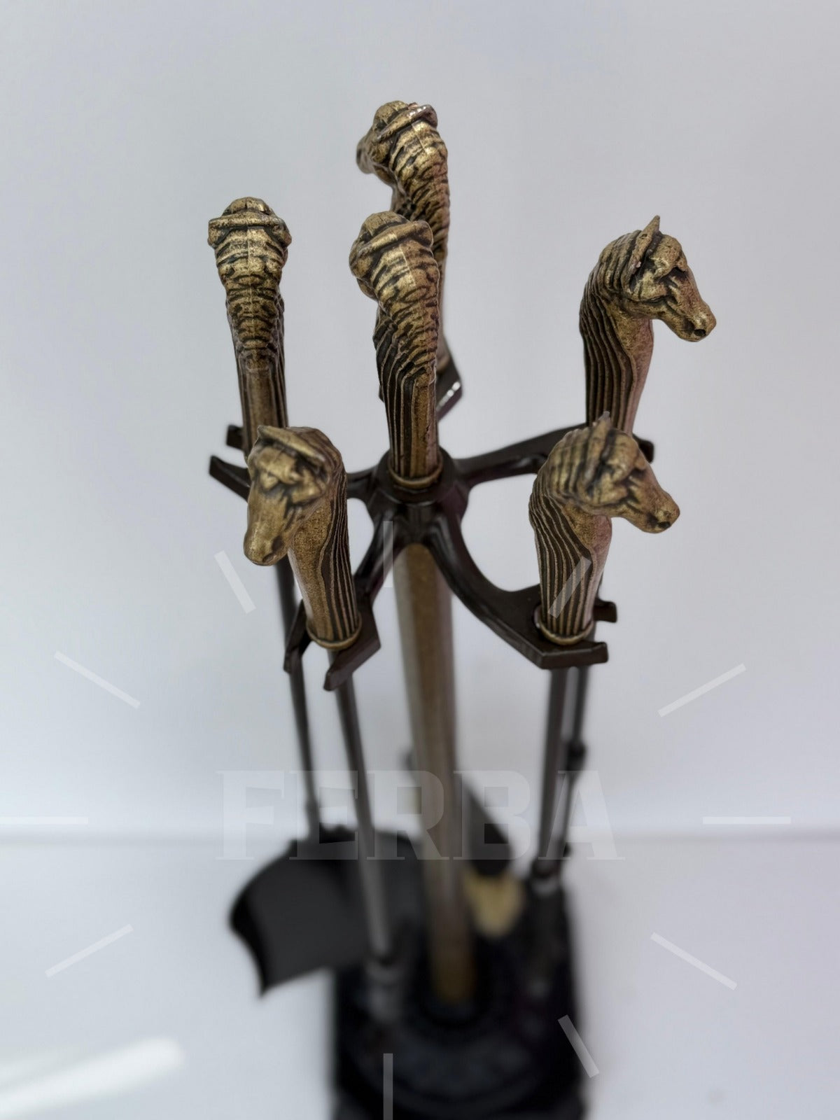 Antik Bronz At Figürlü Şömine Maşa Takımı