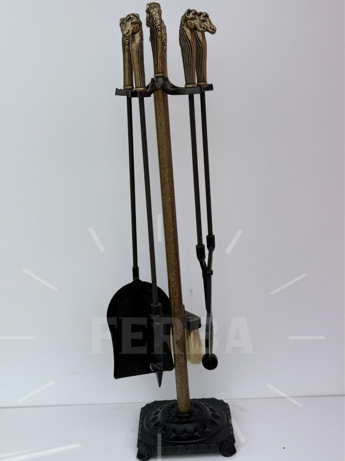 Antik Bronz At Figürlü Şömine Maşa Takımı