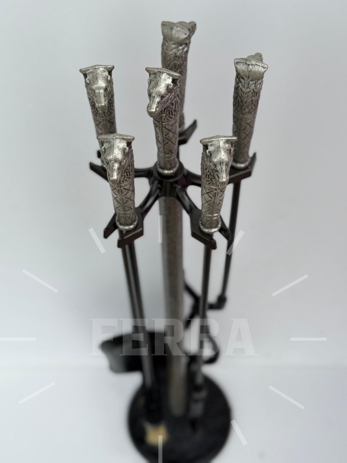 Antik Gümüş Kurt Başlı Şömine Maşa Takımı