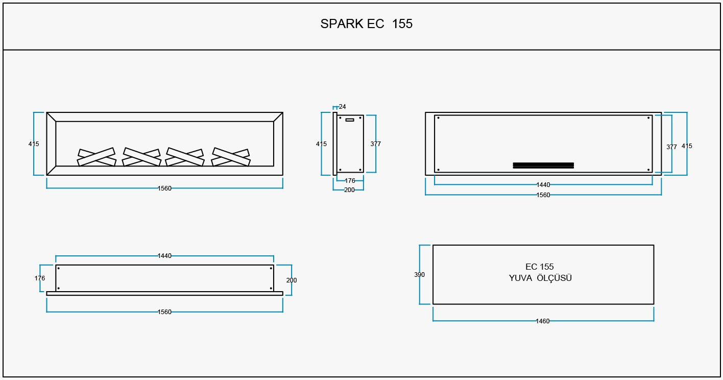 Spark 155 cm Elektrikli Şömine Metal Çerçeve (Isısız)