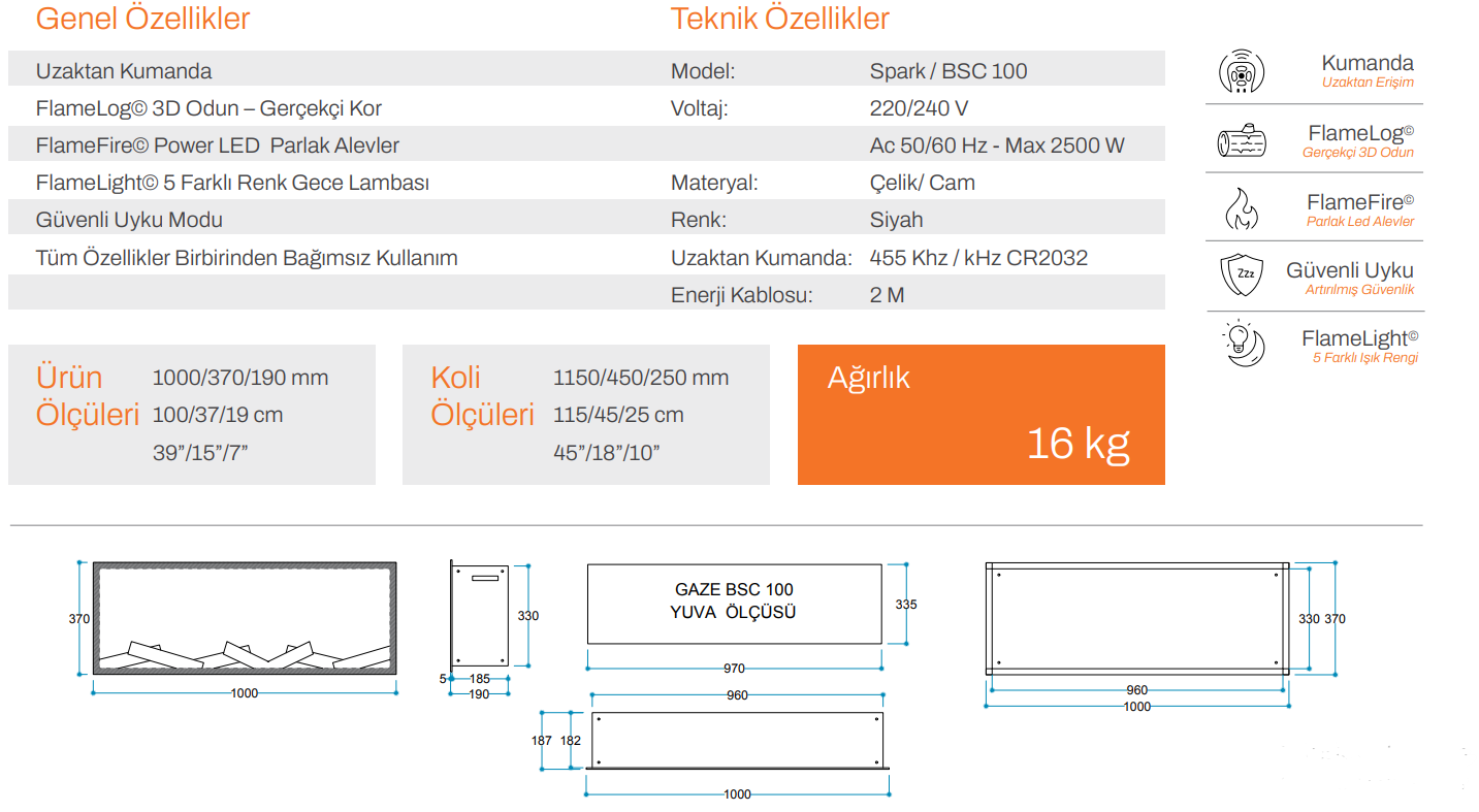 Gaze 100 cm Elektrikli Şömine Cam Çerçeve (Isısız) Model   / Gaze 100