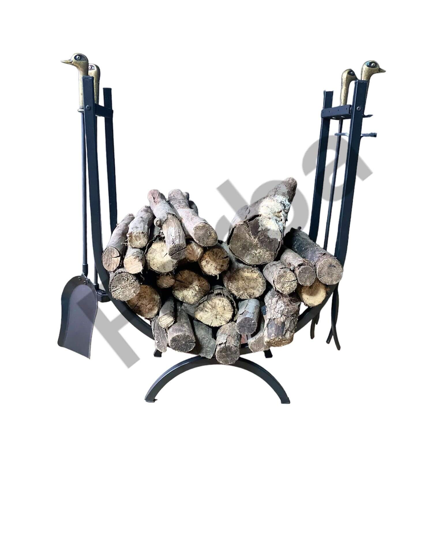 Metal Oval Şömine Odunluğu ve Ördek Başlıklı Maşa Takımı