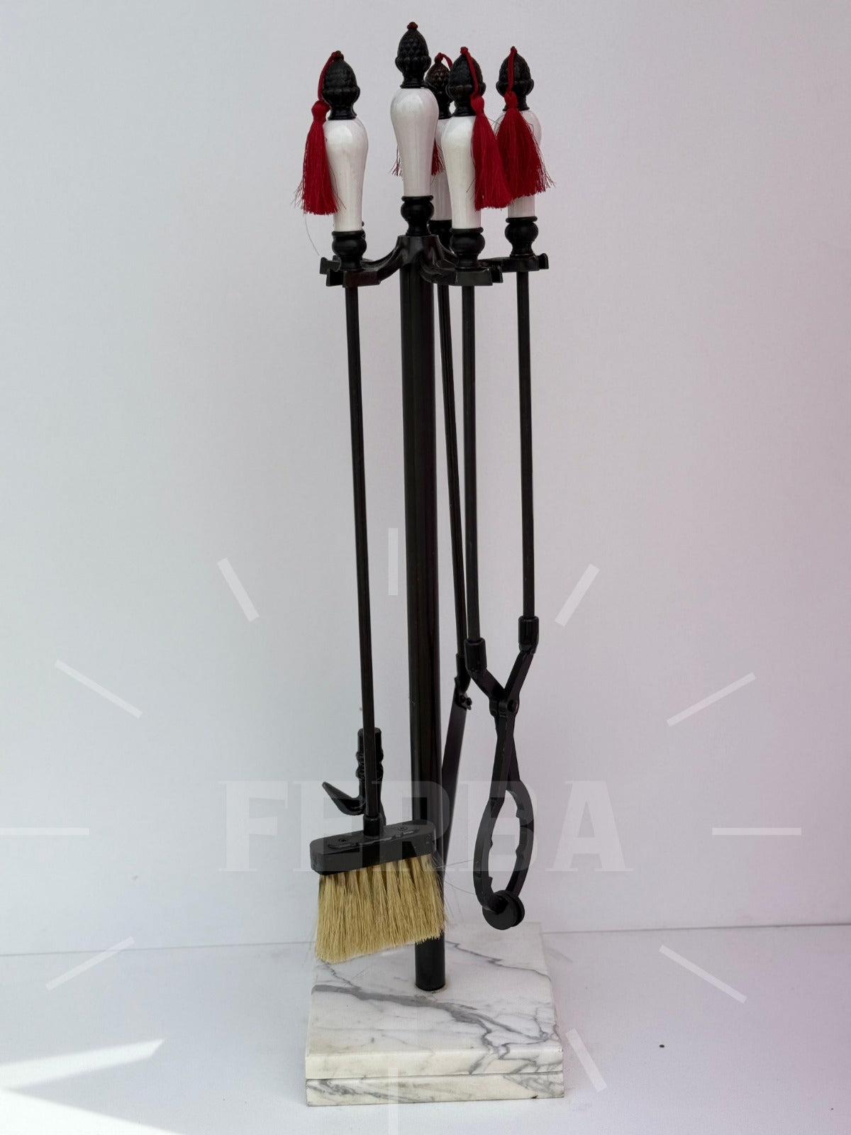 Porselen Başlıklı Mermer Tabanlı Şömine Maşa Takımı