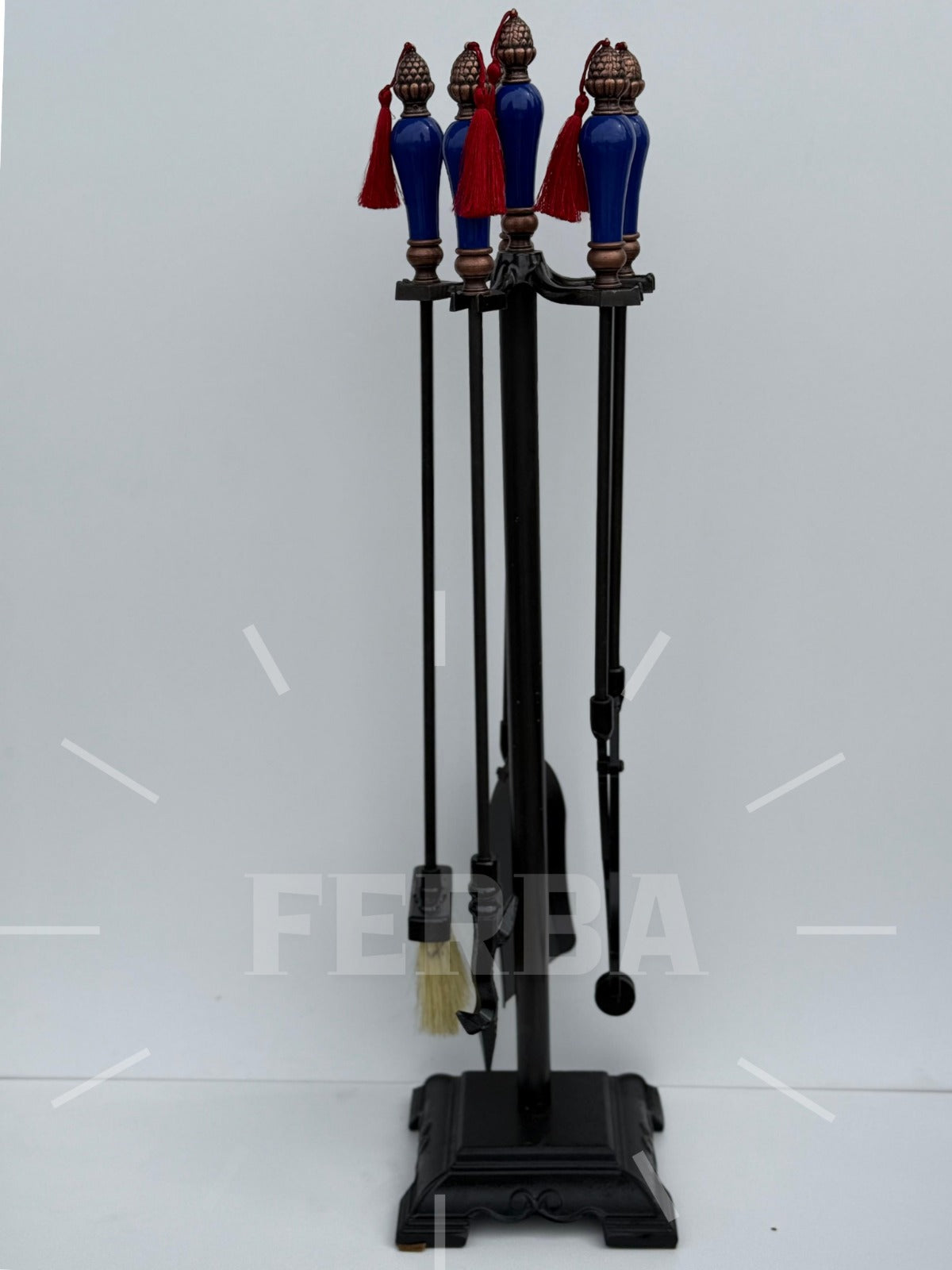 Porselen Başlıklı Şömine Maşa Takımı Lacivert