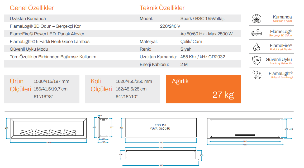 Spark 155 cm Elektrikli Şömine Metal Çerçeve (Isısız)