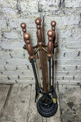 Yuvarlak Tabanlı Antik Bakır Topbaş Şömine Maşa Takımı